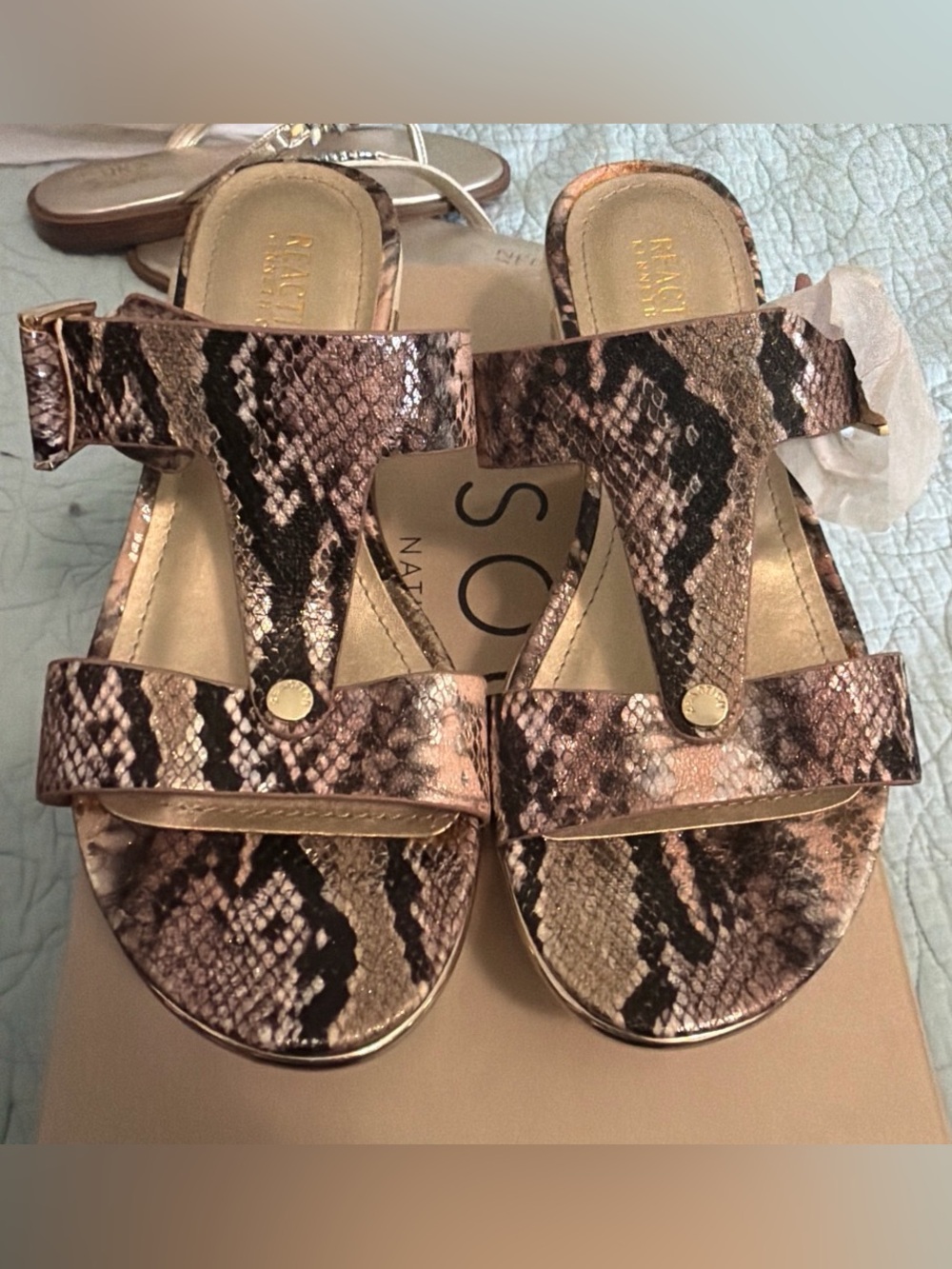 Naturalizer Metallic Snakeskin T-Strap Slide Sandals in Rose-Tone